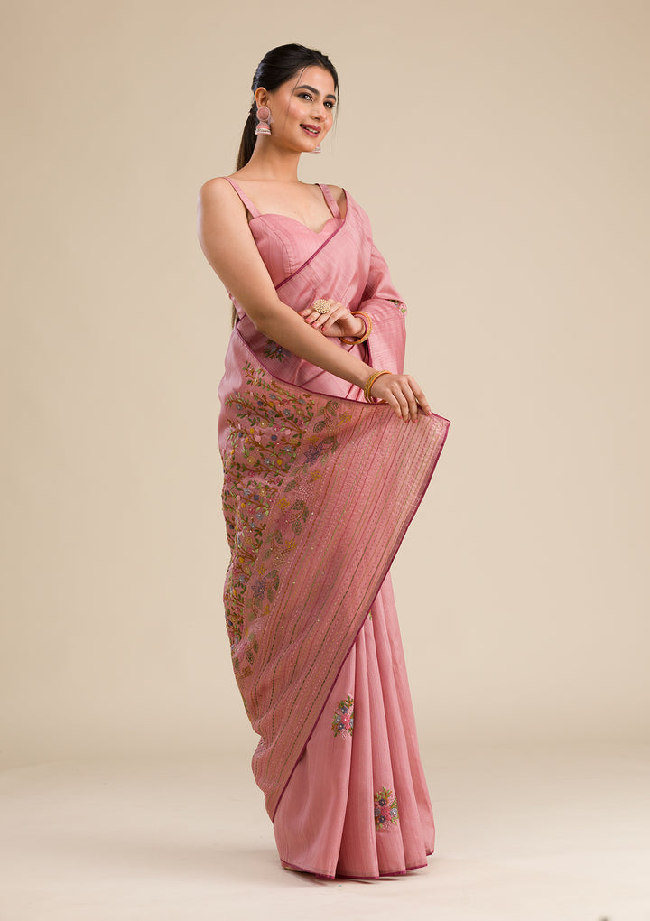 Peach Threadwork Silk Saree