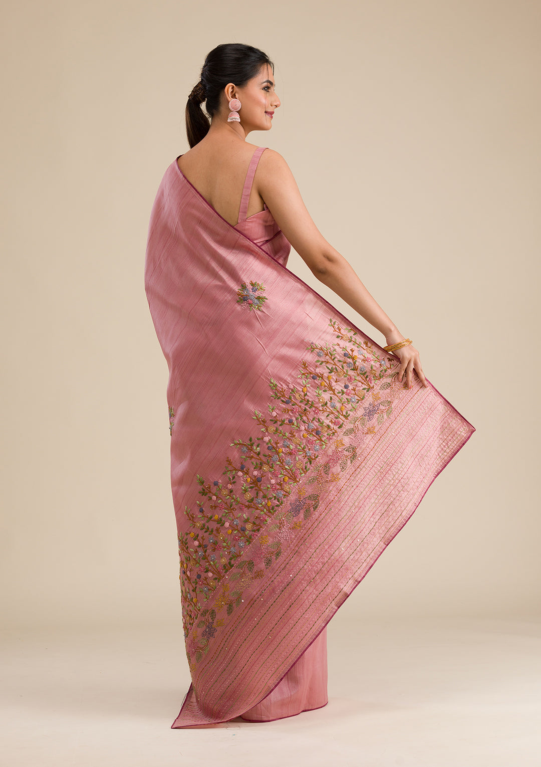 Peach Threadwork Silk Saree