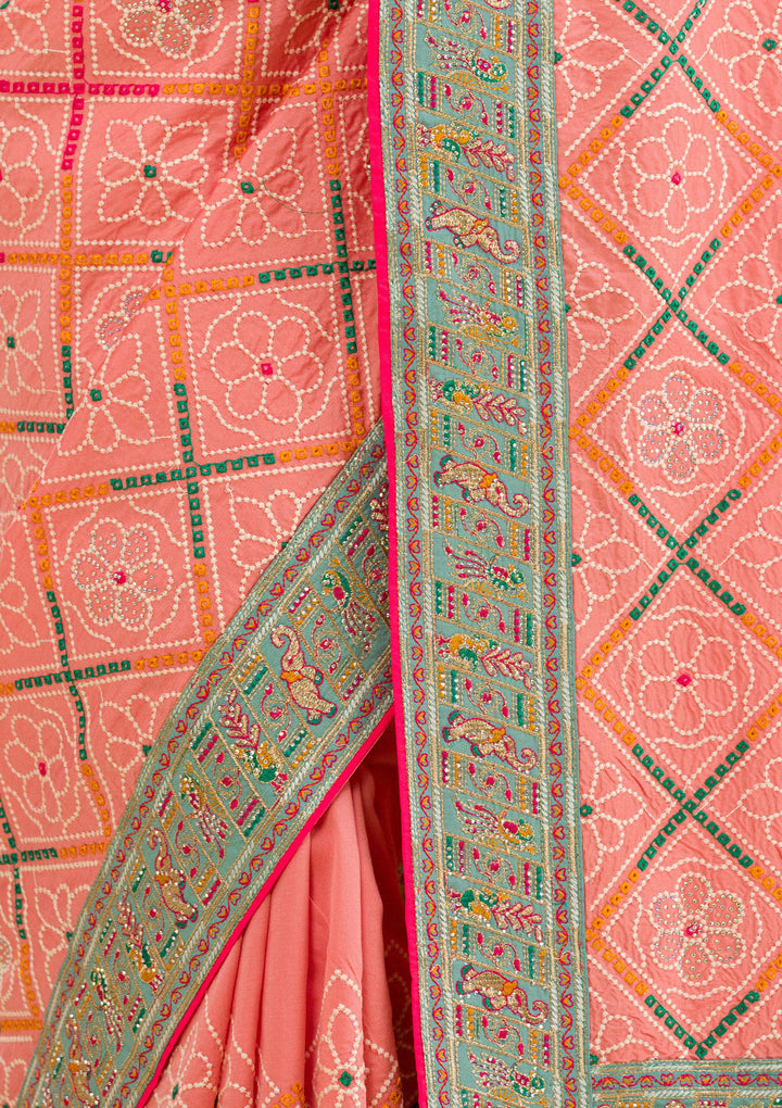 Peach Threadwork Soft Silk Saree