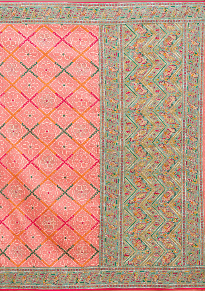 Peach Threadwork Soft Silk Saree