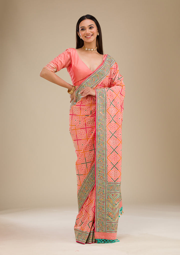 Peach Threadwork Soft Silk Saree