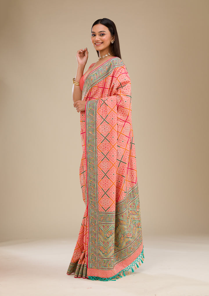 Peach Threadwork Soft Silk Saree