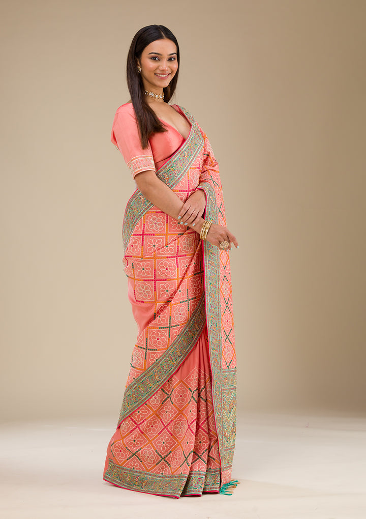 Peach Threadwork Soft Silk Saree