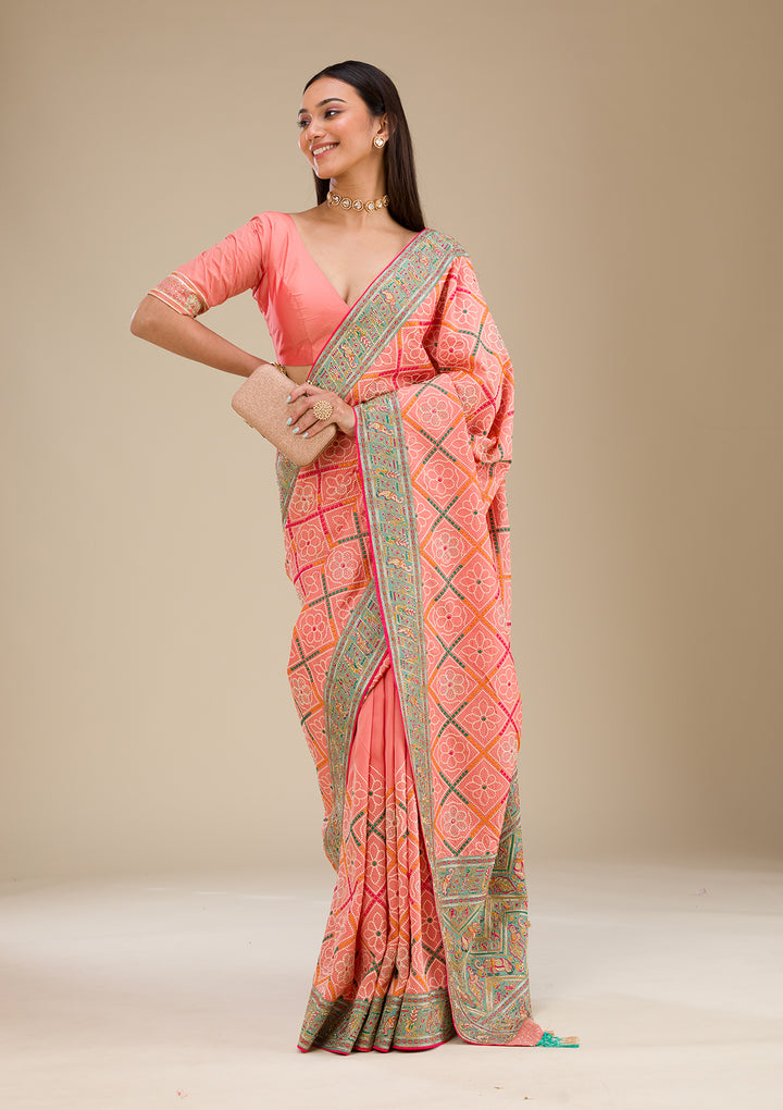 Peach Threadwork Soft Silk Saree