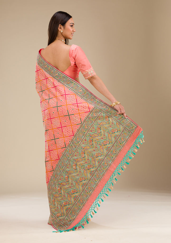 Peach Threadwork Soft Silk Saree