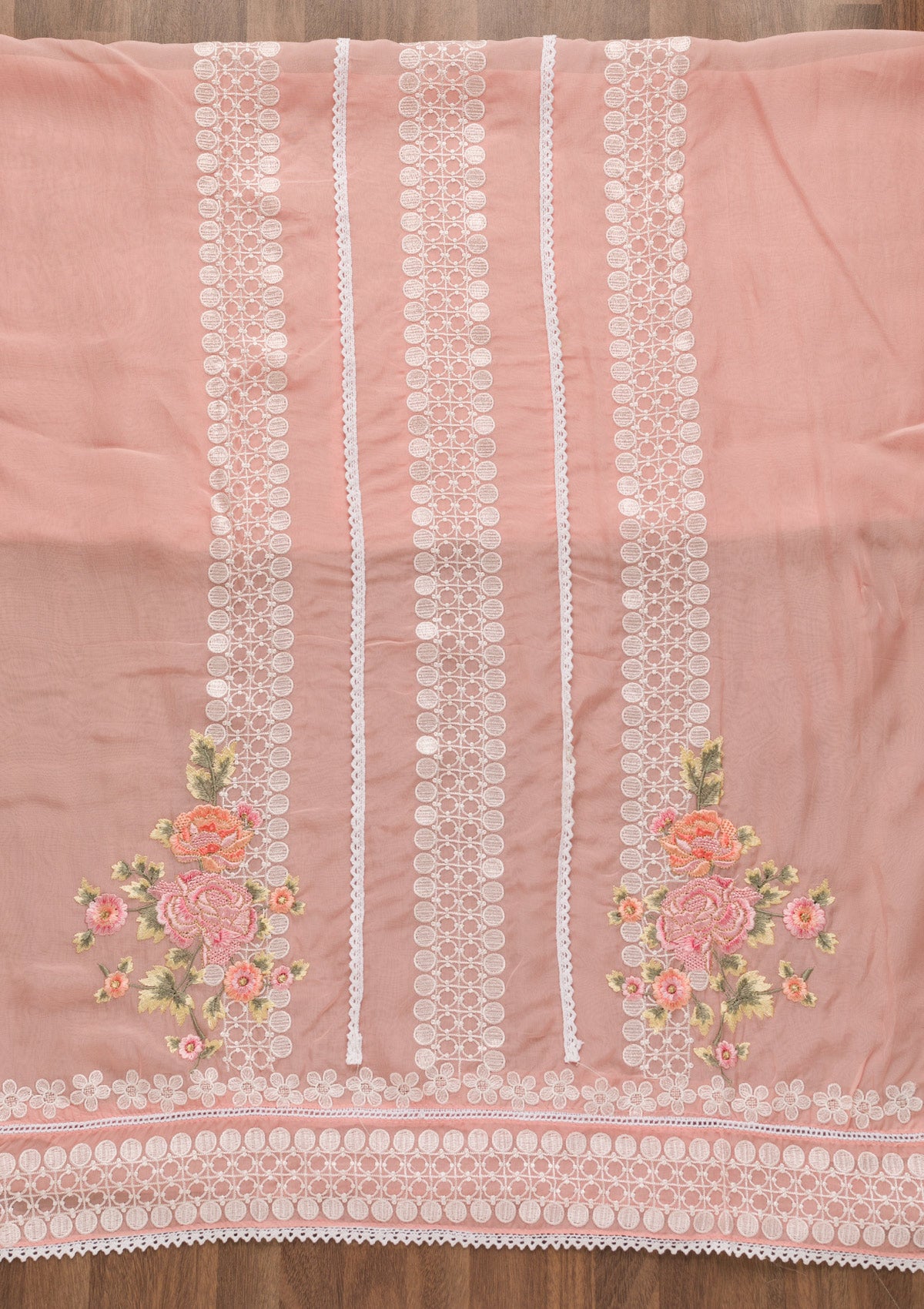 Peach Threadwork Tissue Unstitched Salwar Suit