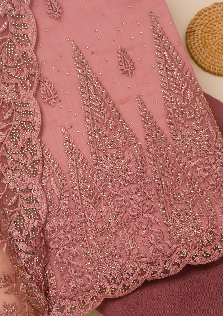 Peach Threadwork Tissue Unstitched Salwar Suit