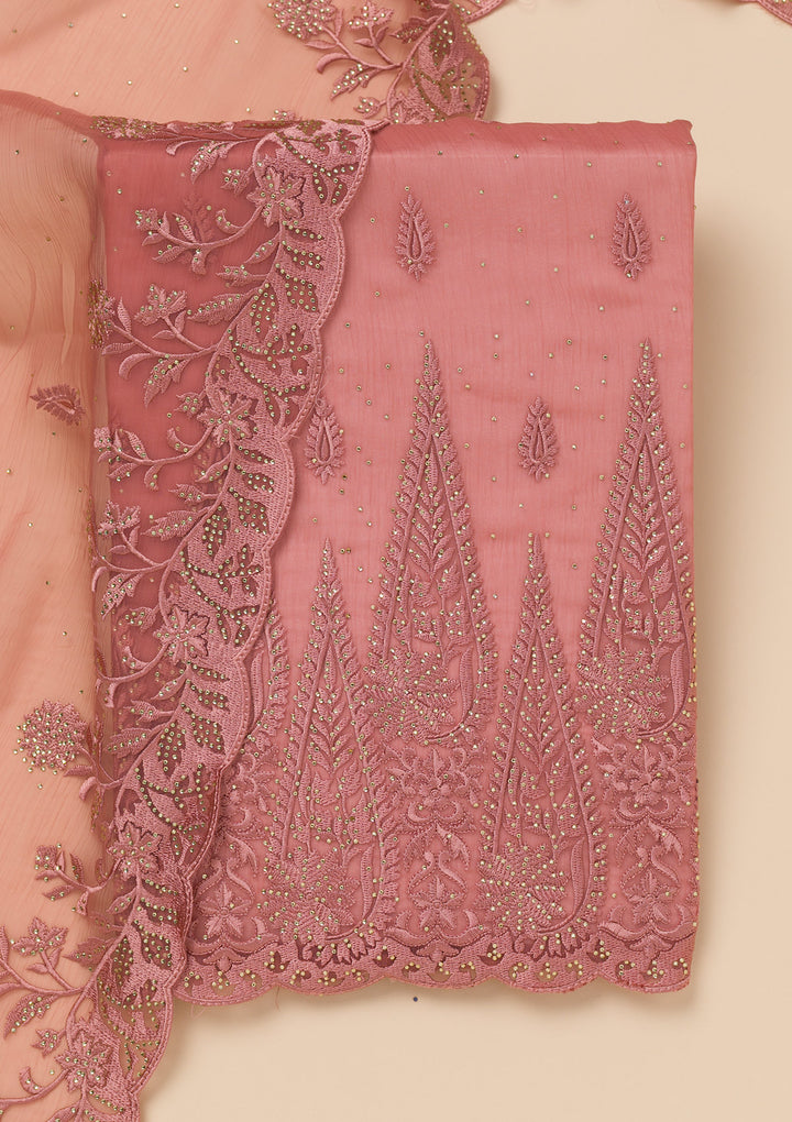 Peach Threadwork Tissue Unstitched Salwar Suit