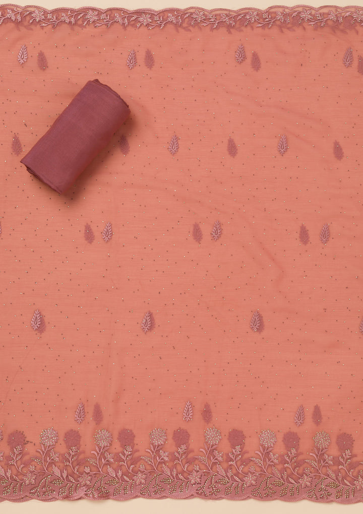 Peach Threadwork Tissue Unstitched Salwar Suit