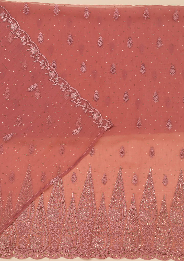 Peach Threadwork Tissue Unstitched Salwar Suit