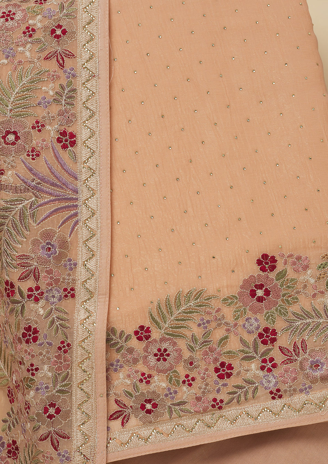 Peach Threadwork Tissue Unstitched Salwar Suit