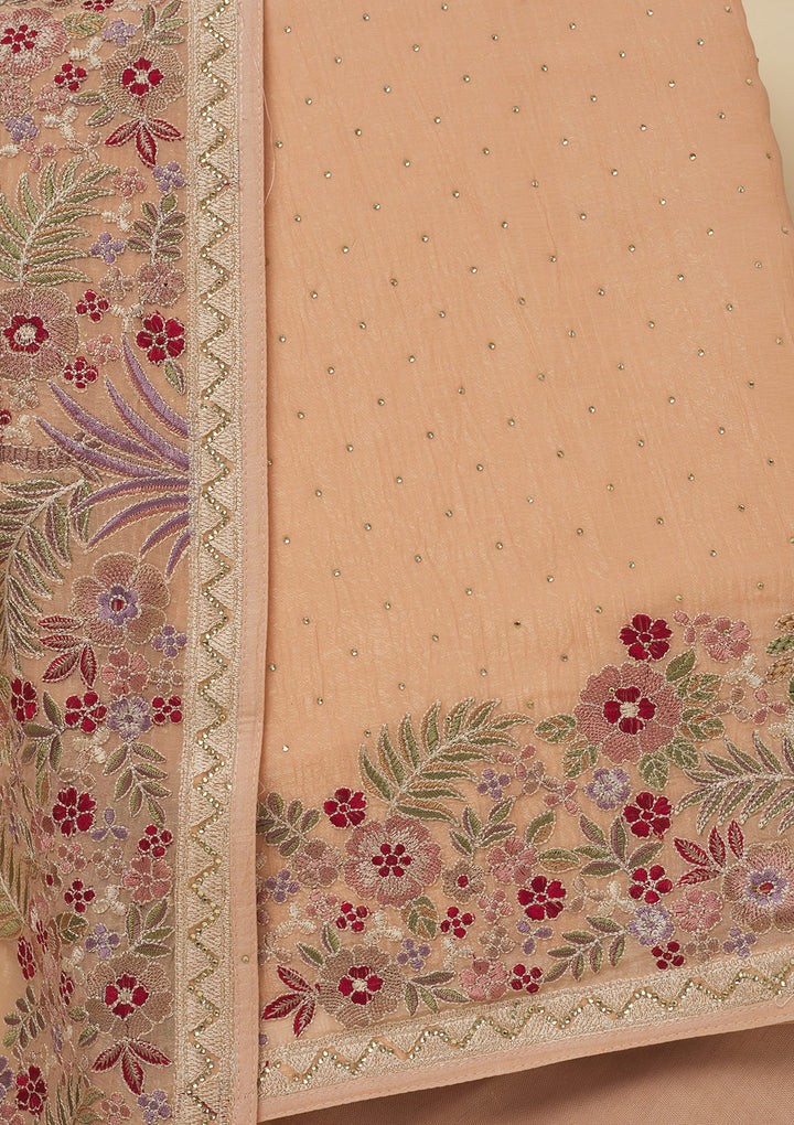 Peach Threadwork Tissue Unstitched Salwar Suit