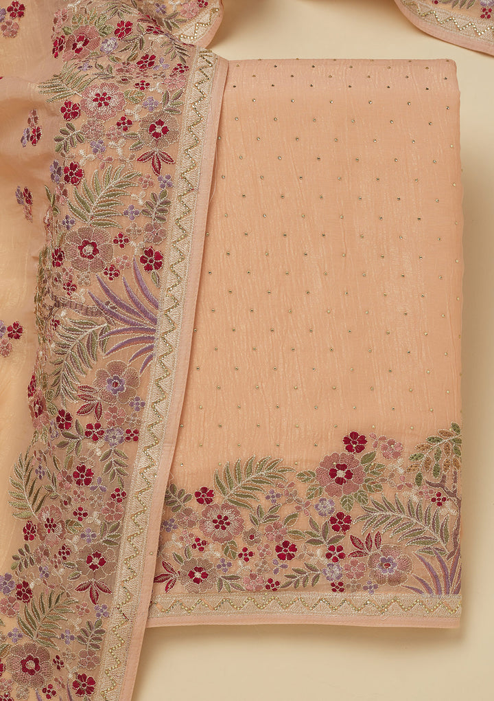 Peach Threadwork Tissue Unstitched Salwar Suit