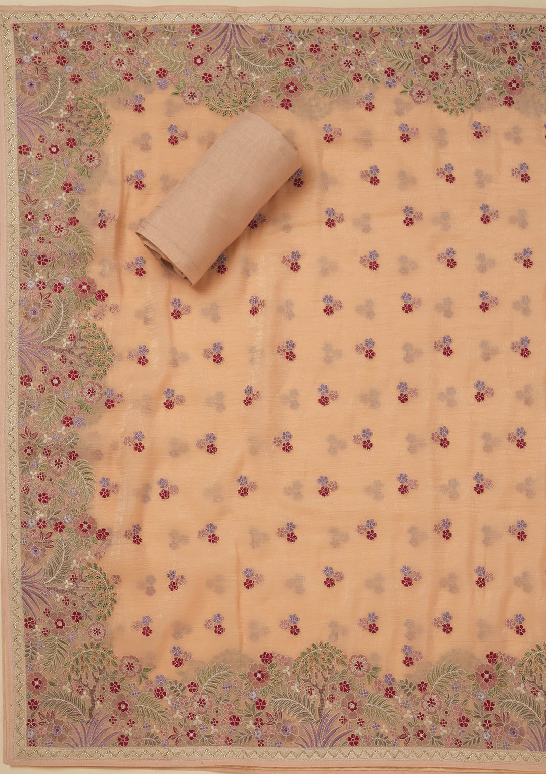 Peach Threadwork Tissue Unstitched Salwar Suit