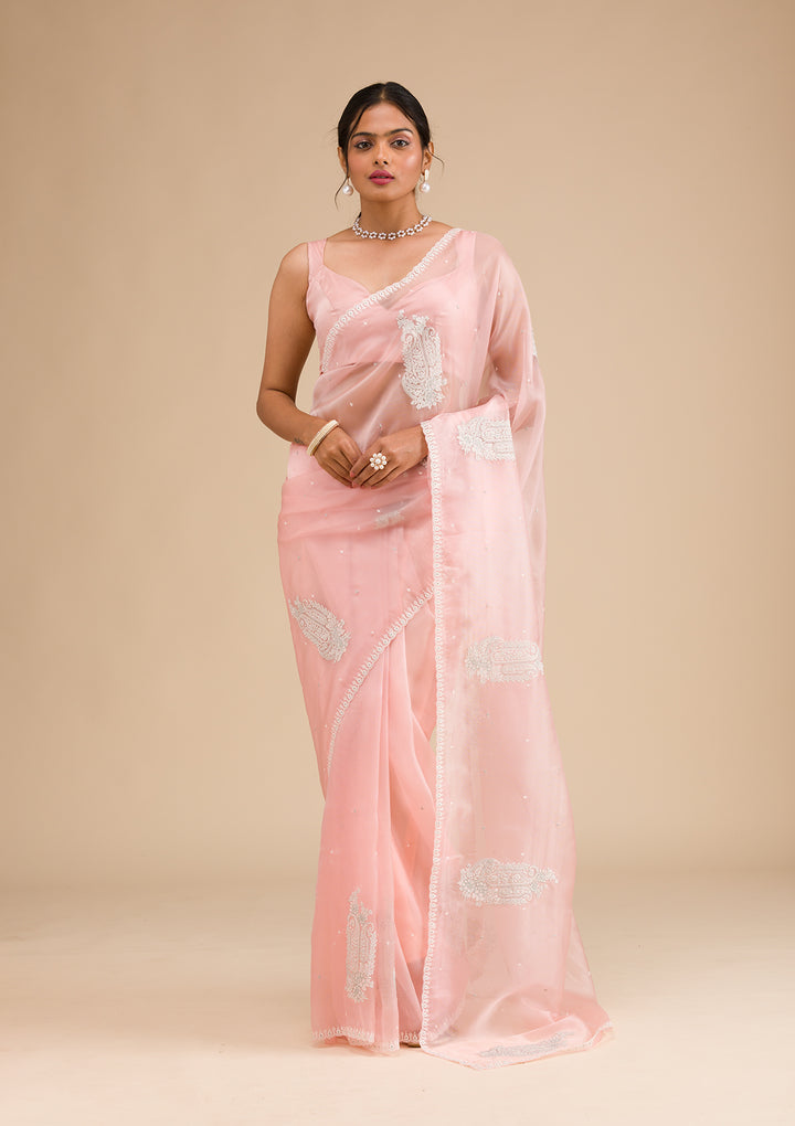 Peach Threadwork Tissue Saree