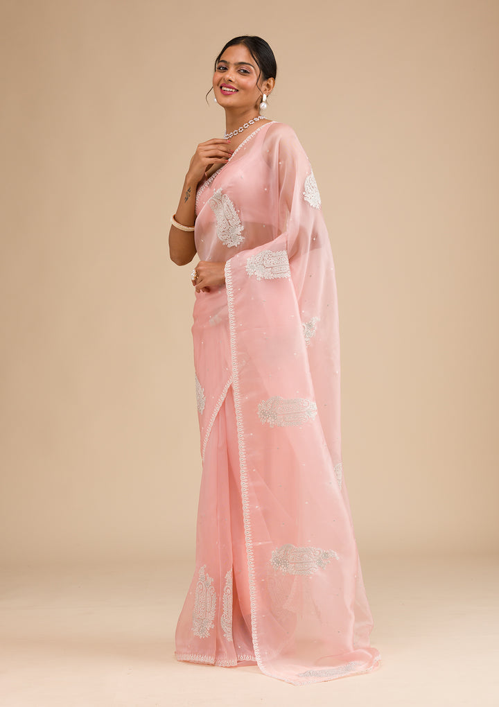 Peach Threadwork Tissue Saree