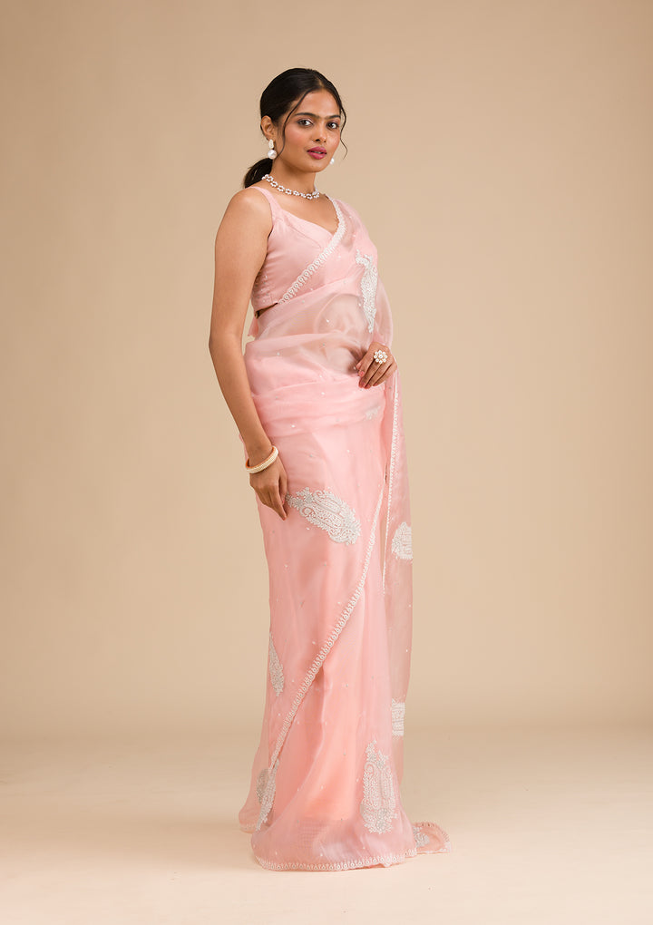 Peach Threadwork Tissue Saree
