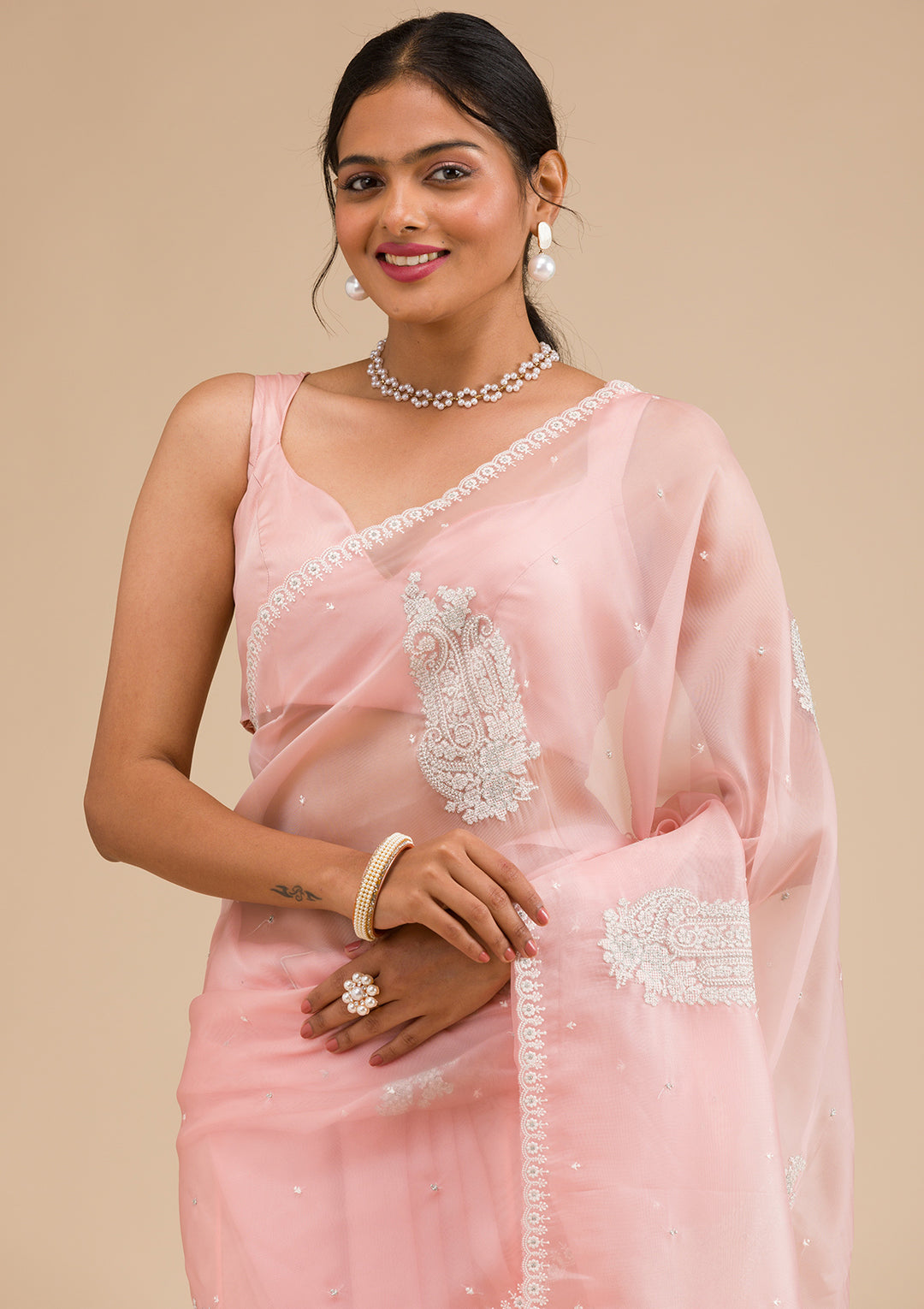 Peach Threadwork Tissue Saree