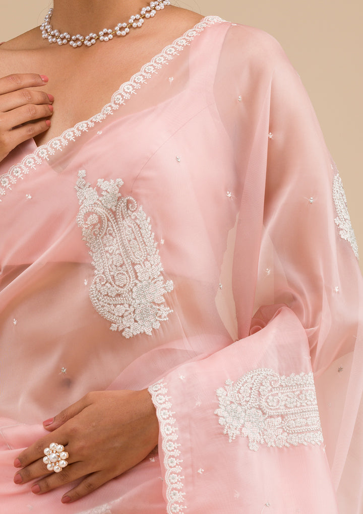 Peach Threadwork Tissue Saree