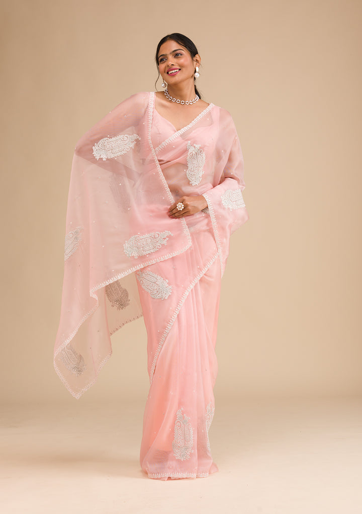 Peach Threadwork Tissue Saree