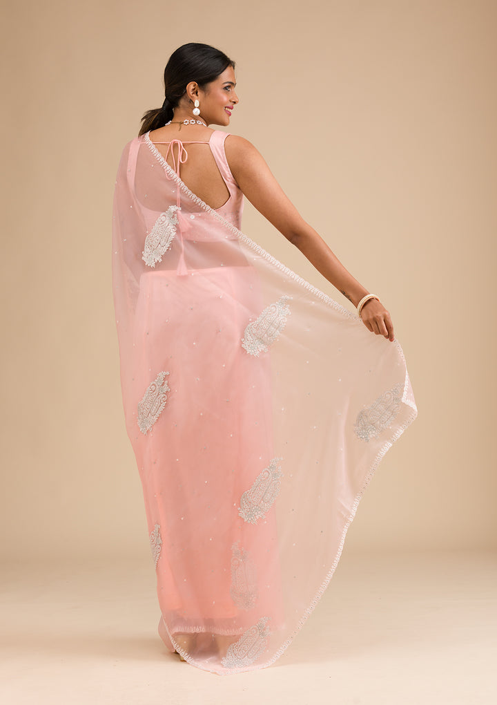 Peach Threadwork Tissue Saree