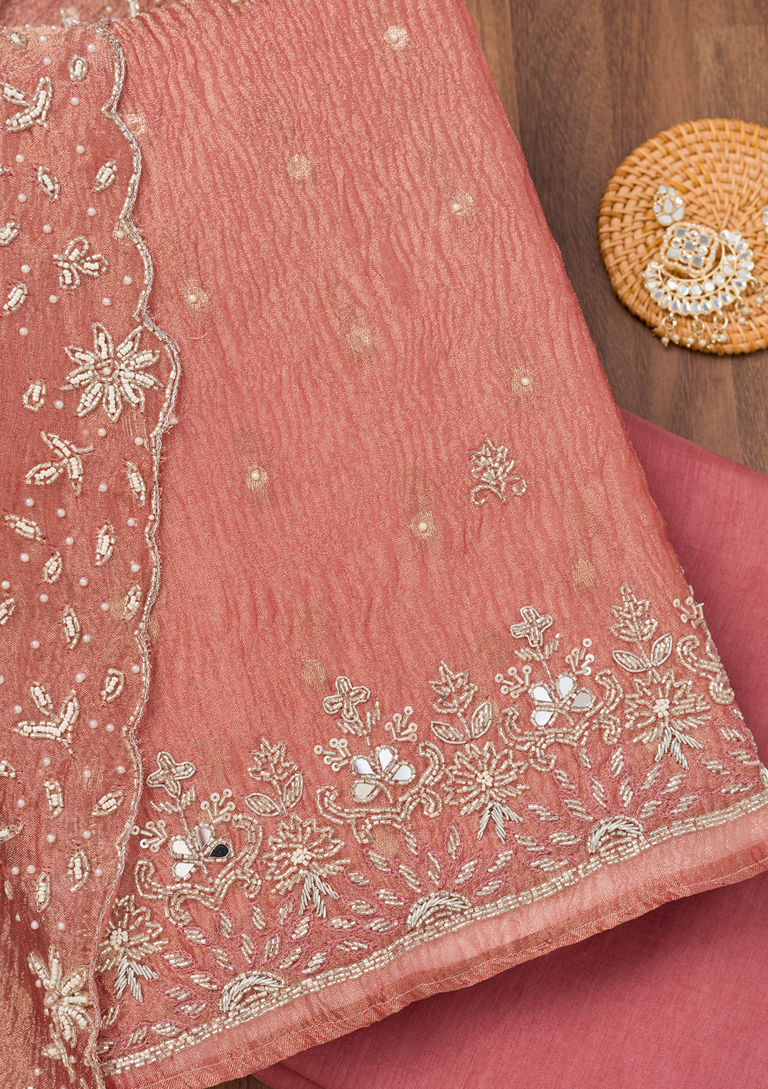 Peach Zardosi Tissue Unstitched Salwar Suit
