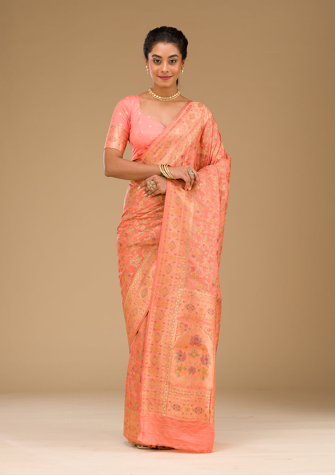 Peach Zariwork Art Silk Saree