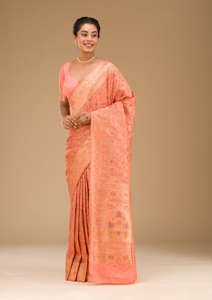 Peach Zariwork Art Silk Saree