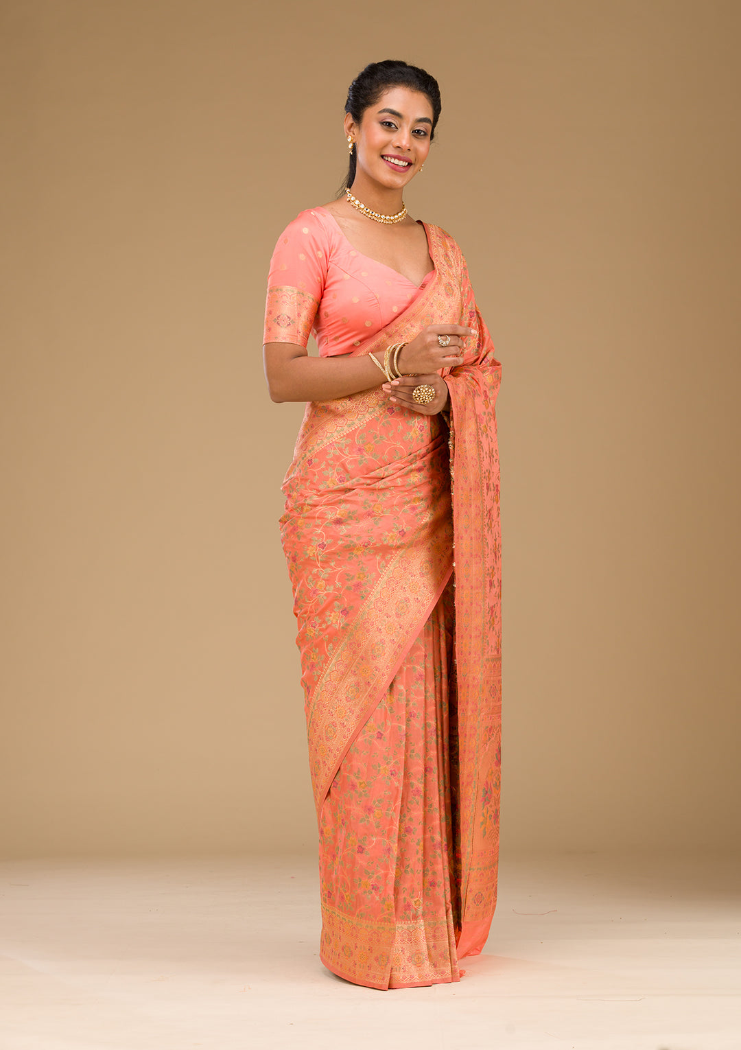 Peach Zariwork Art Silk Saree