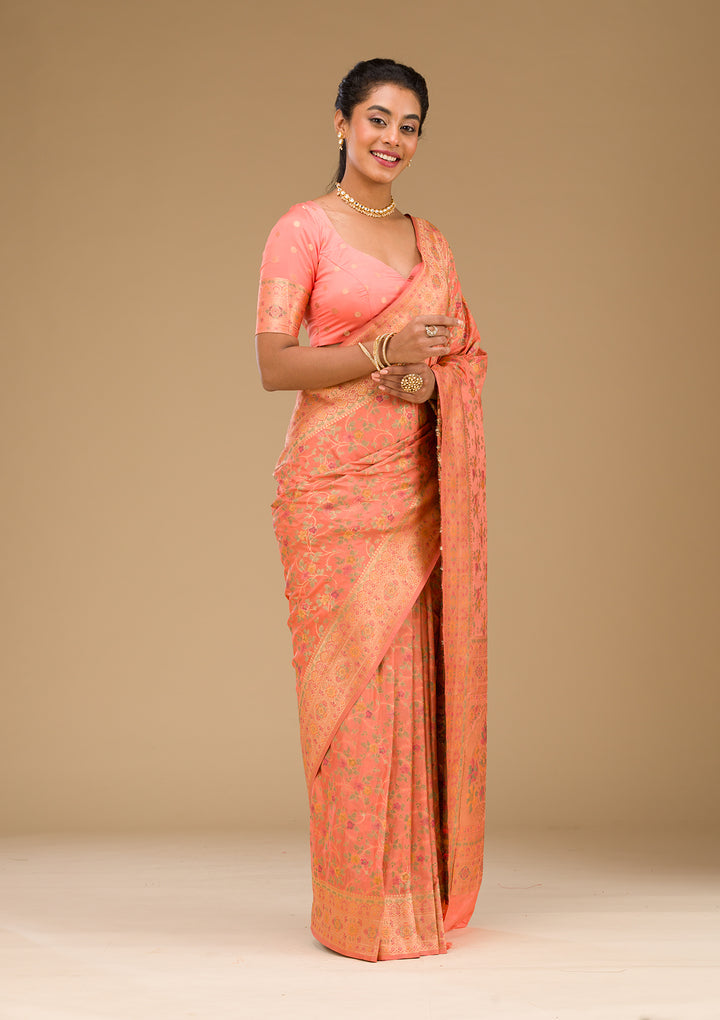 Peach Zariwork Art Silk Saree