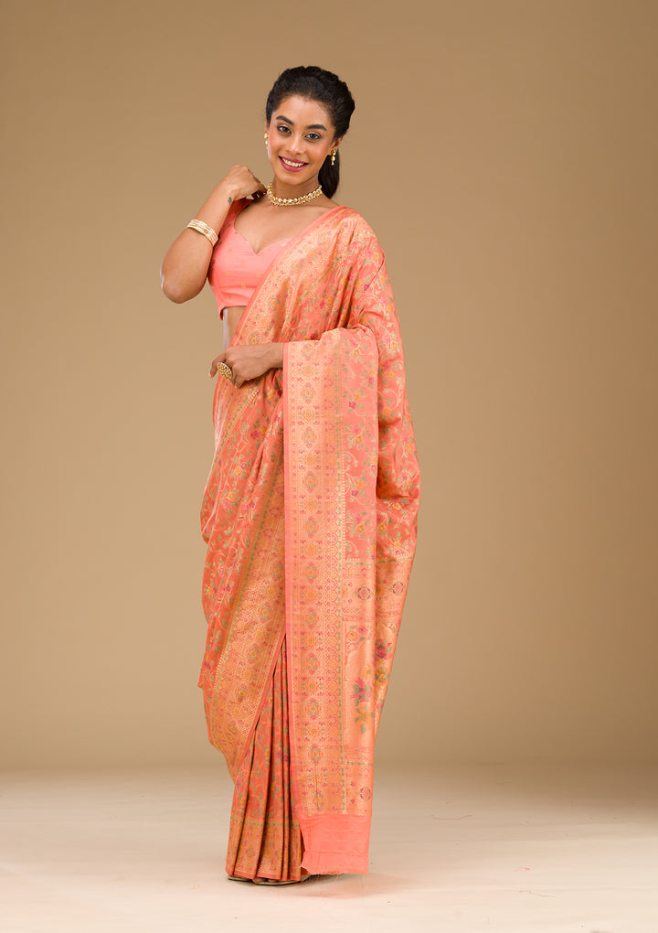 Peach Zariwork Art Silk Saree