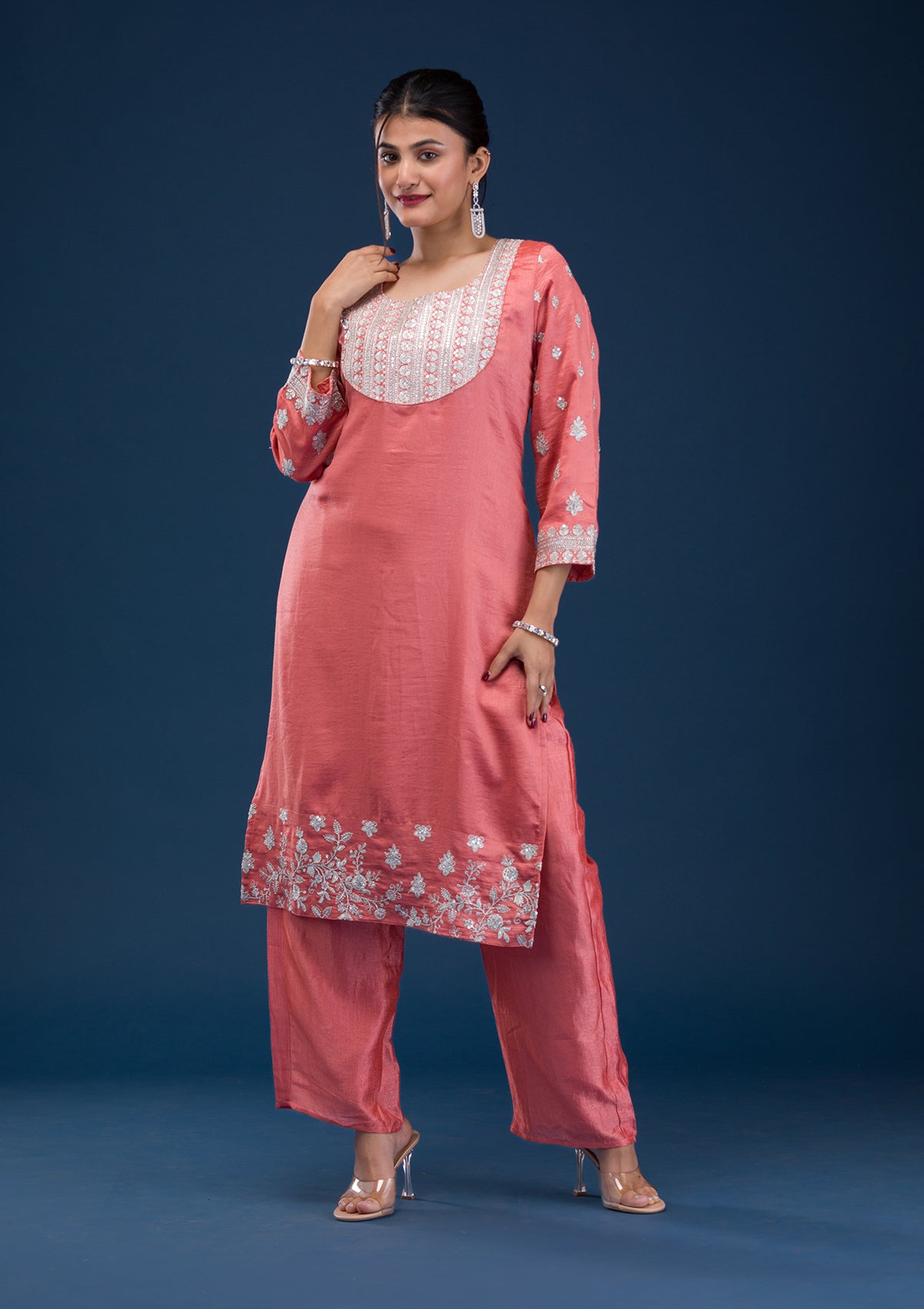 Peach Zariwork Art Silk Readymade Salwar Suit