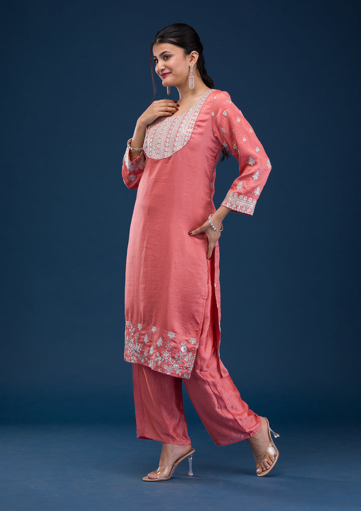 Peach Zariwork Art Silk Readymade Salwar Suit
