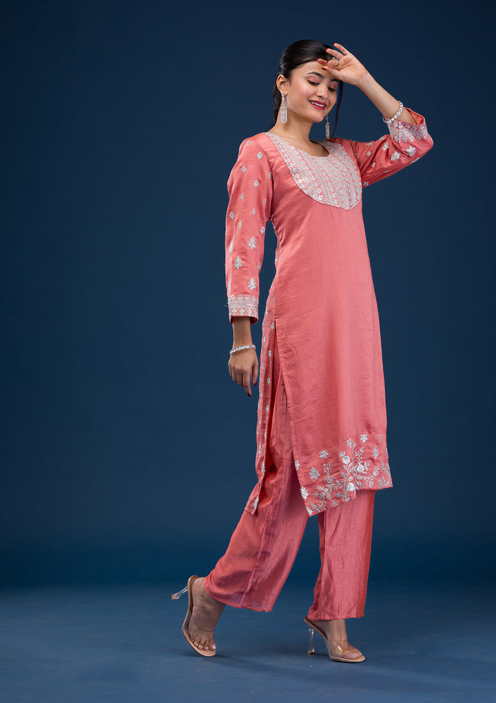 Peach Zariwork Art Silk Readymade Salwar Suit
