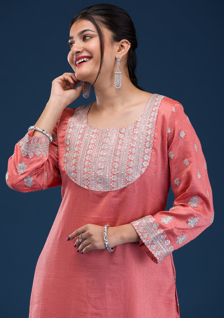 Peach Zariwork Art Silk Readymade Salwar Suit