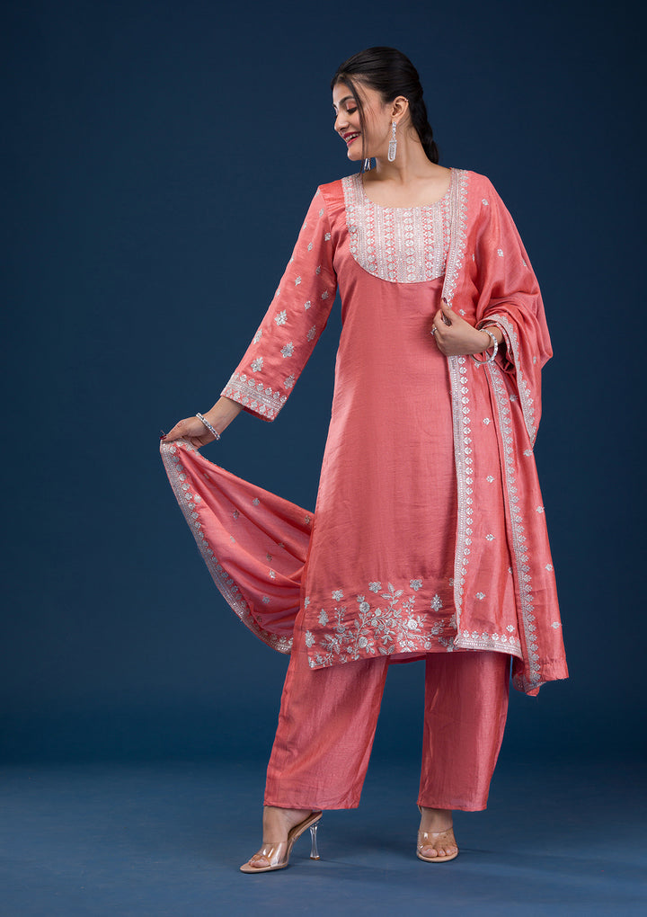 Peach Zariwork Art Silk Readymade Salwar Suit