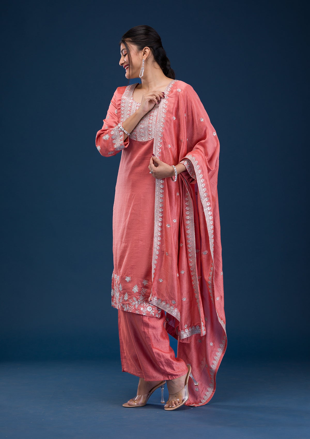 Peach Zariwork Art Silk Readymade Salwar Suit
