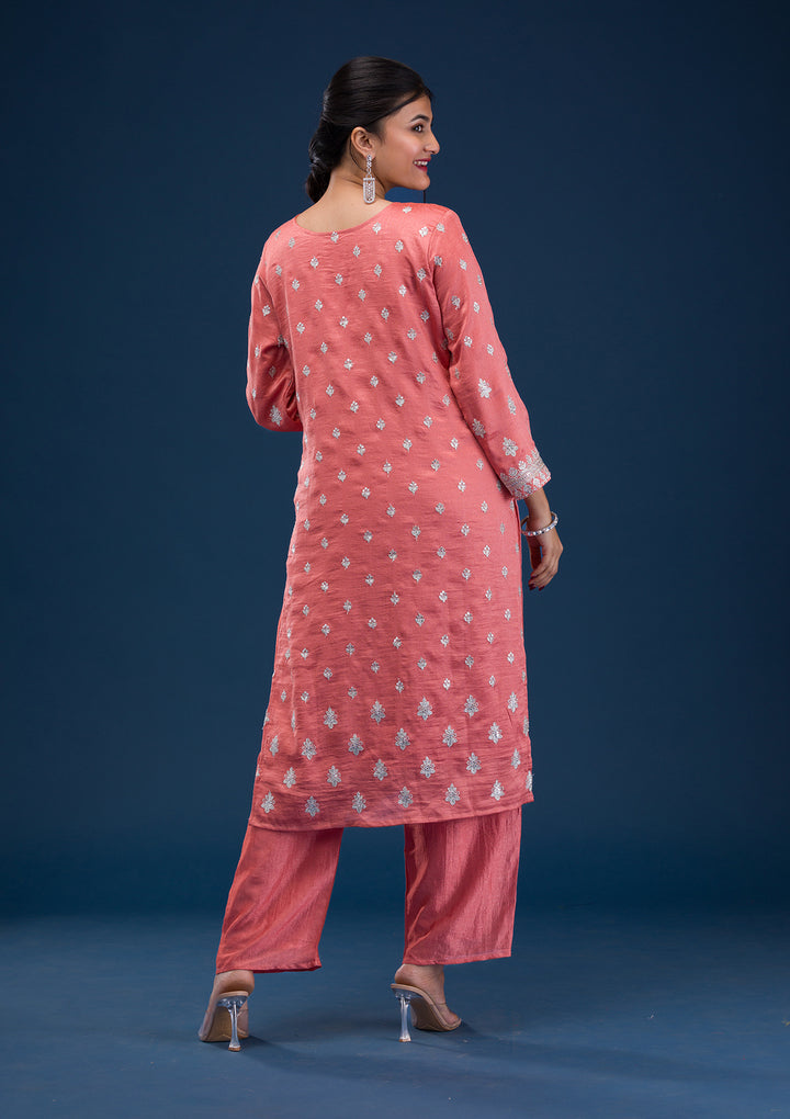 Peach Zariwork Art Silk Readymade Salwar Suit