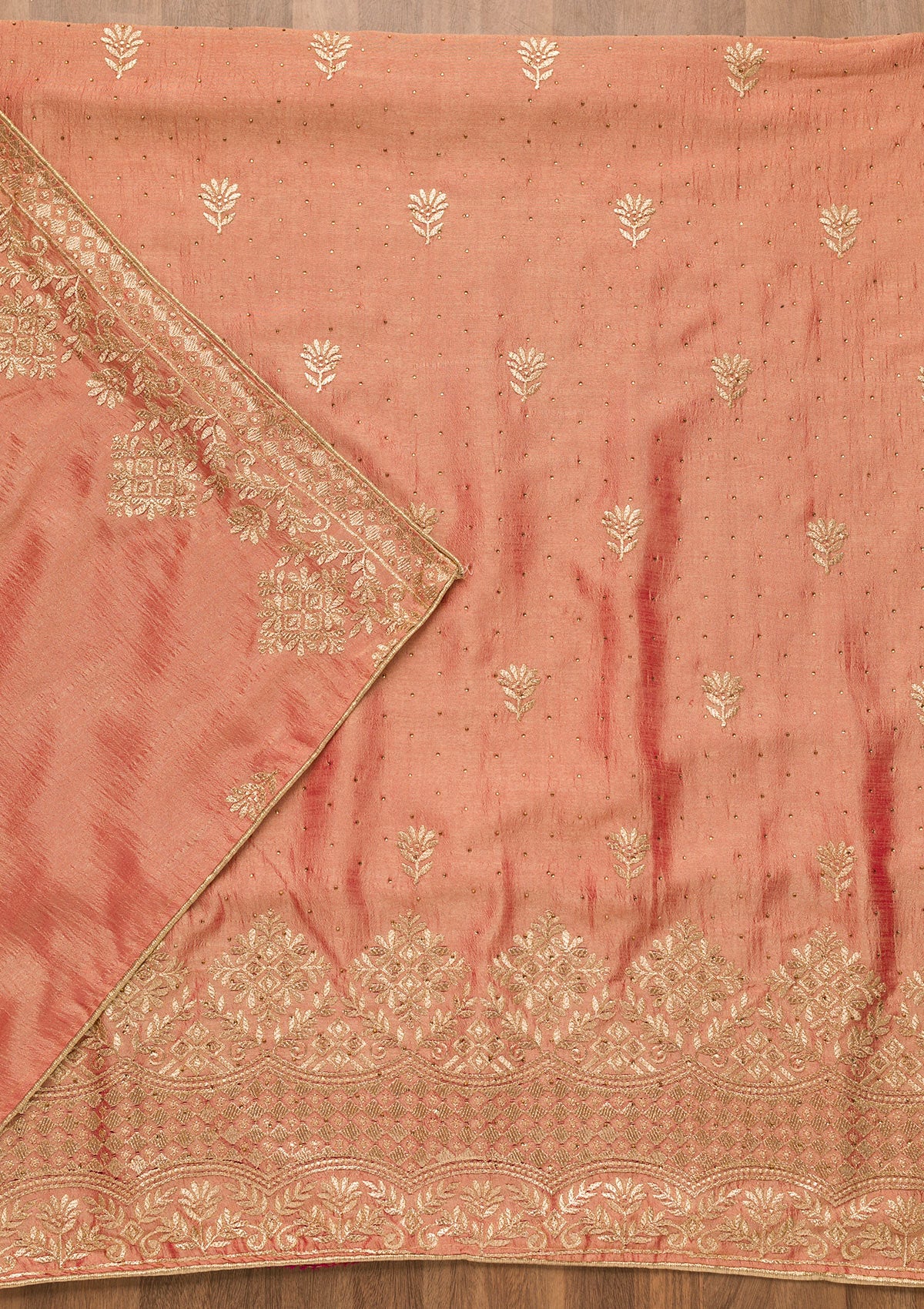 Peach Zariwork Art Silk Unstitched Salwar Suit