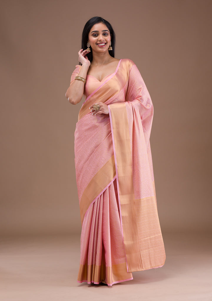 Peach Zariwork Banarasi Silk Saree