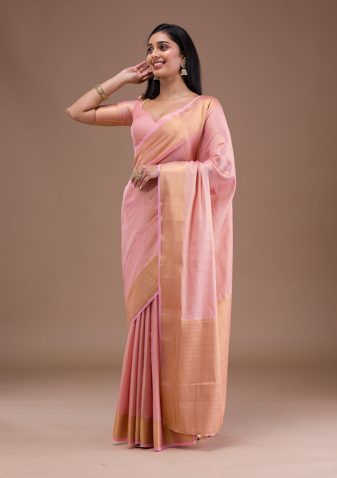 Peach Zariwork Banarasi Silk Saree