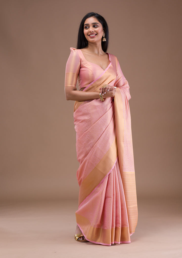 Peach Zariwork Banarasi Silk Saree