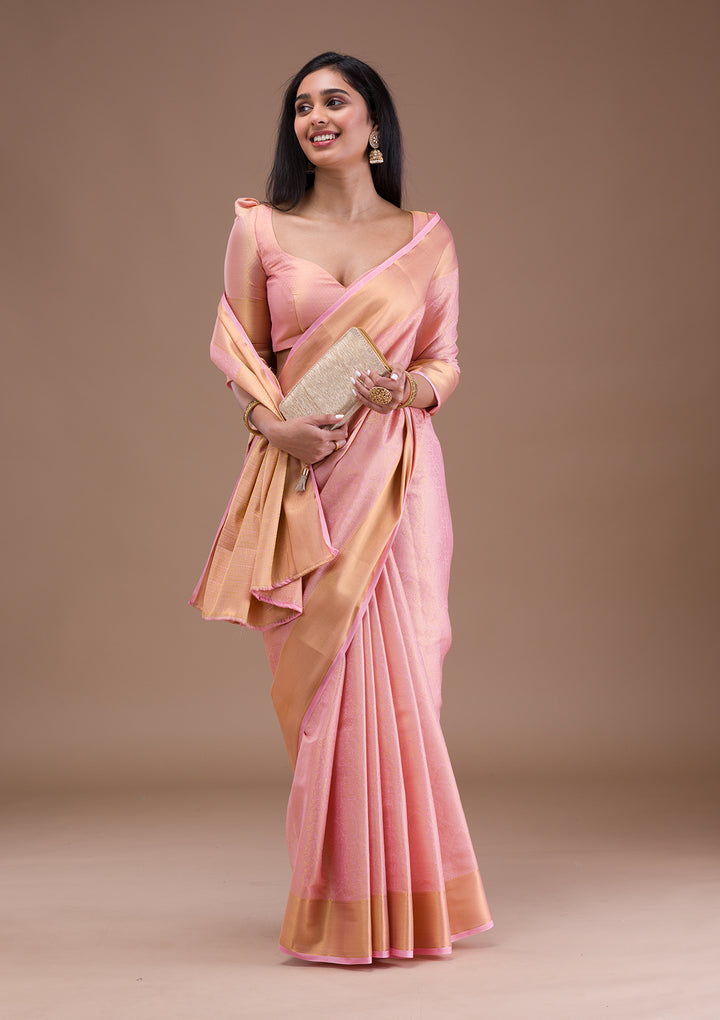Peach Zariwork Banarasi Silk Saree