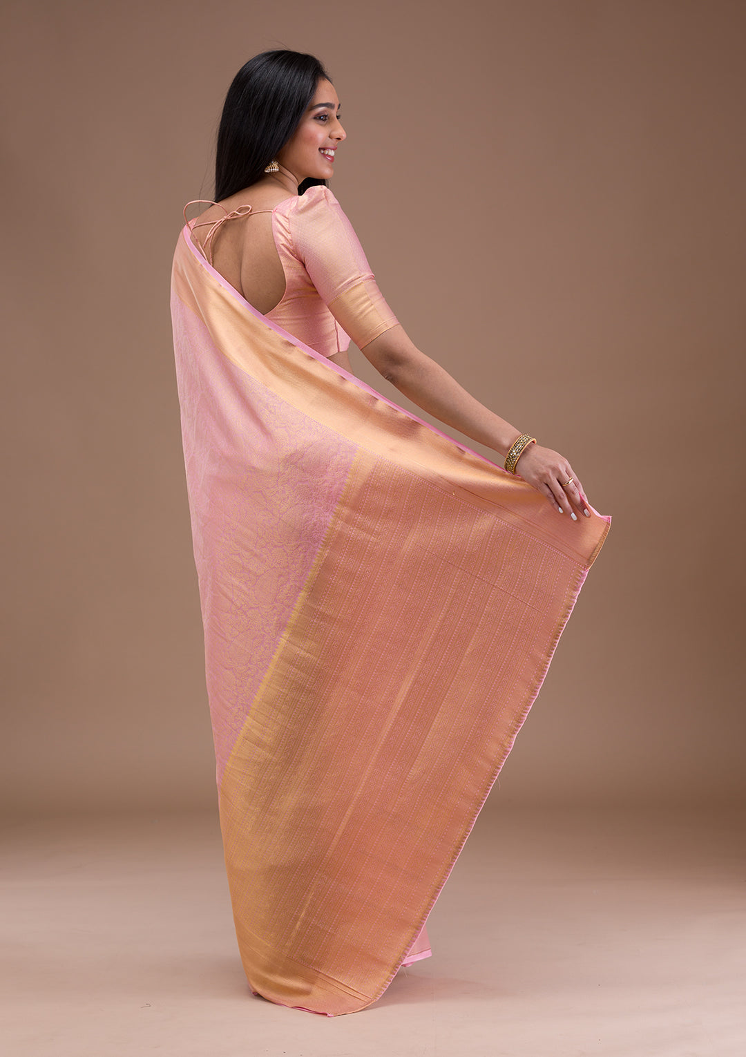 Peach Zariwork Banarasi Silk Saree
