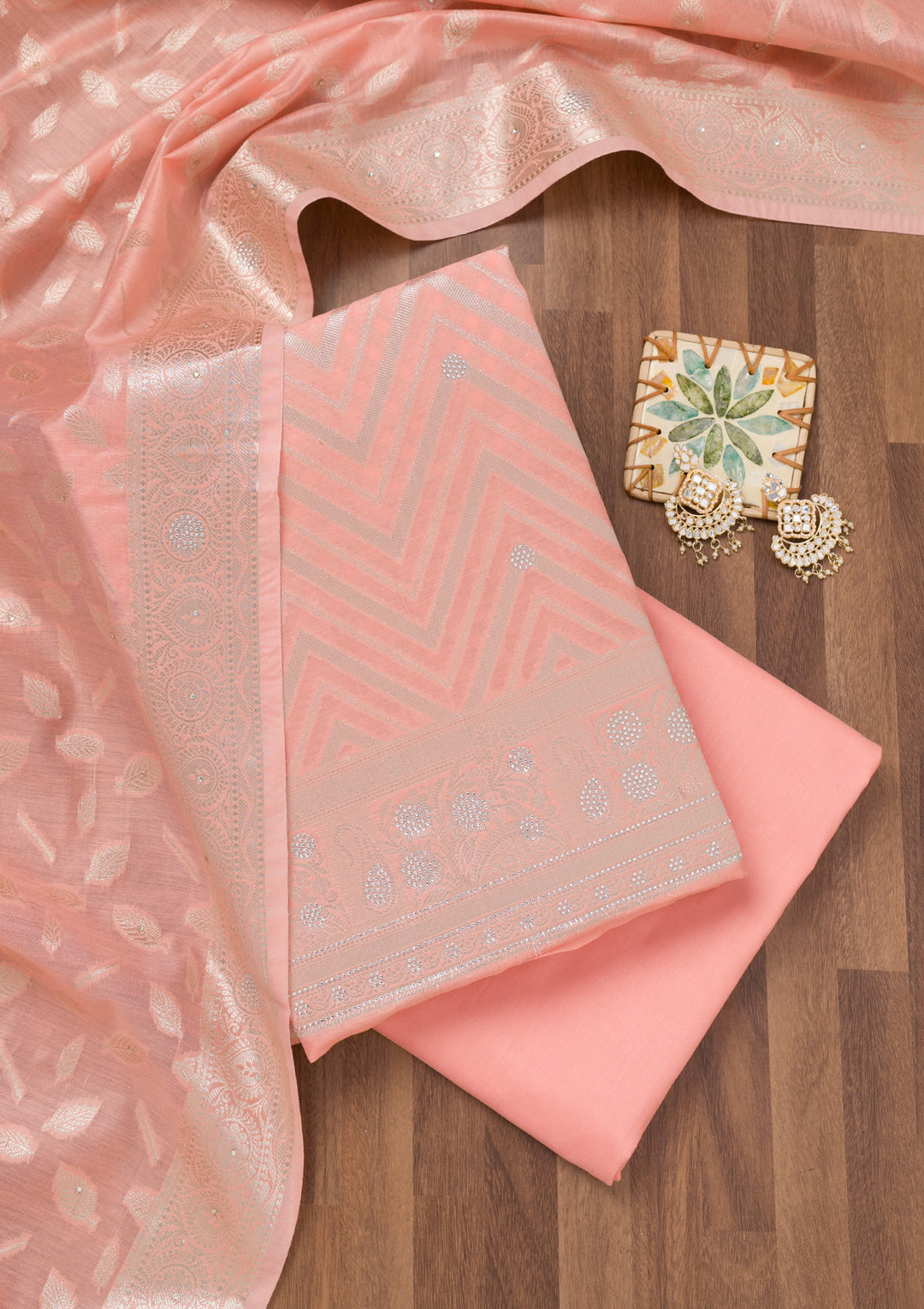 Peach Zariwork Banarasi Unstitched Salwar Suit