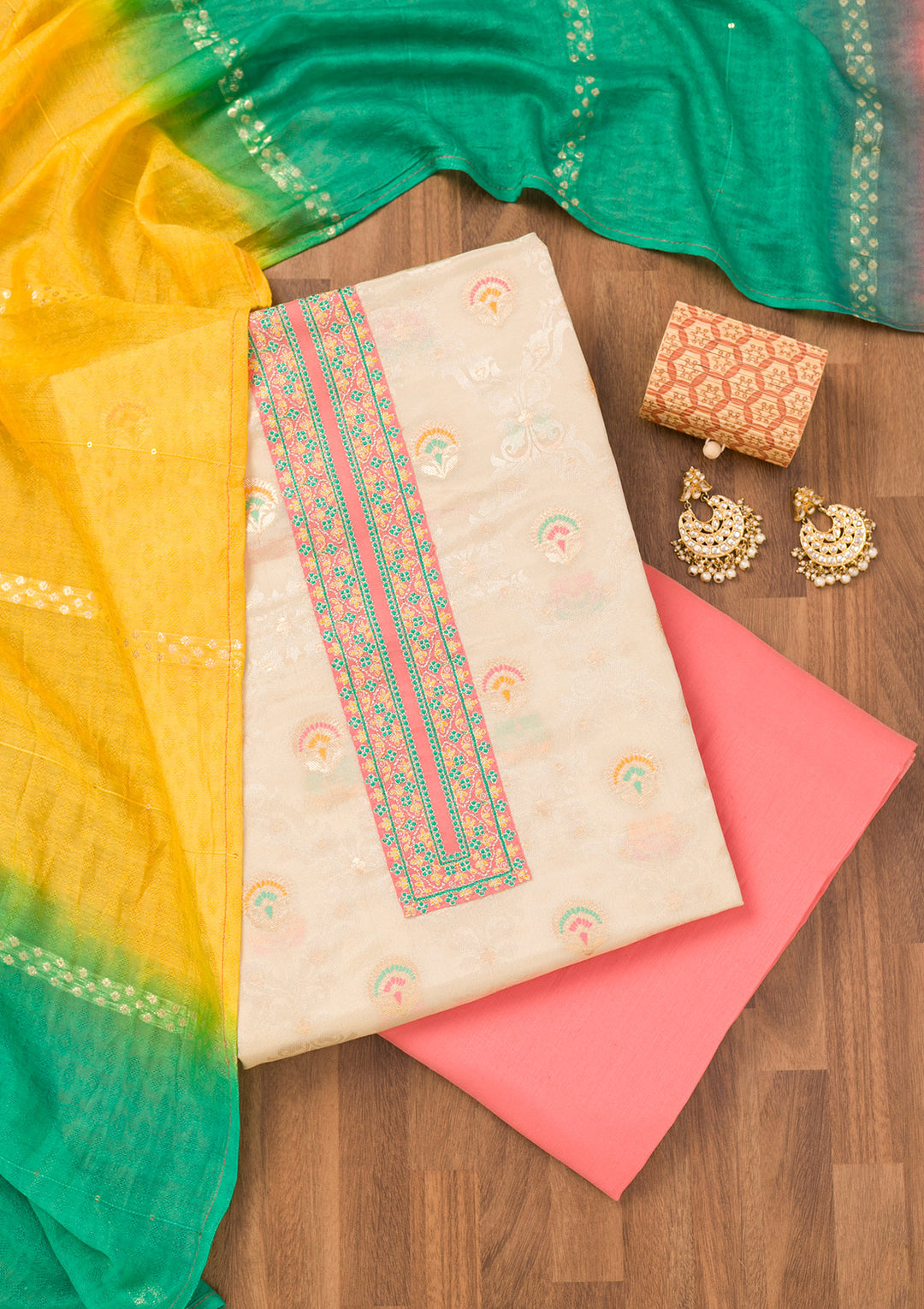 Peach Zariwork Banarasi Unstitched Salwar Suit