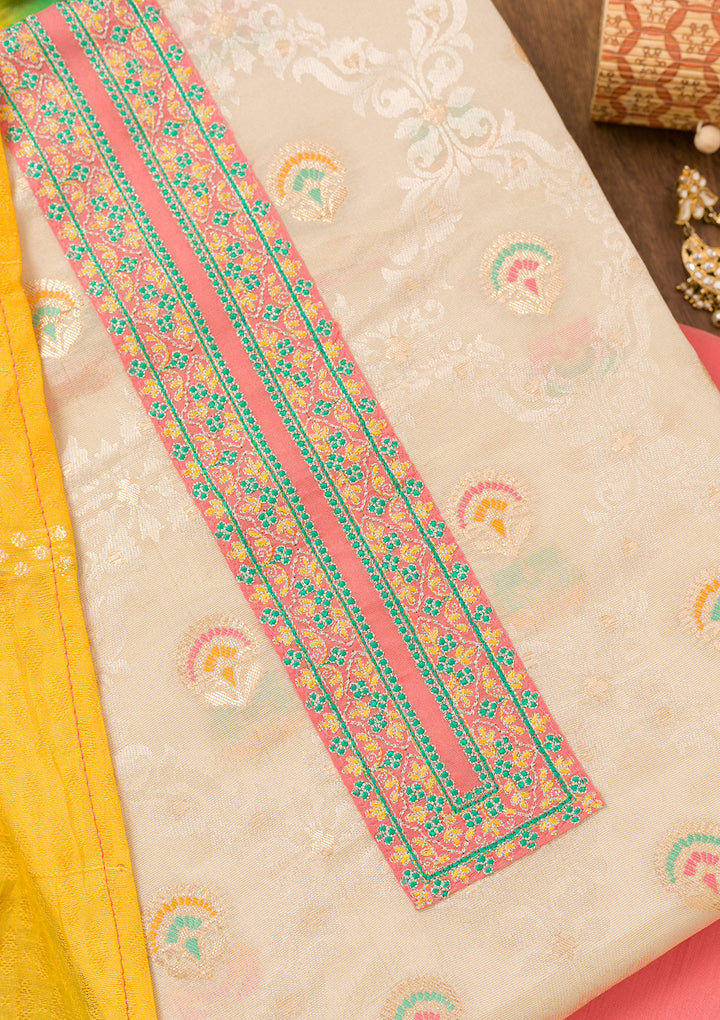 Peach Zariwork Banarasi Unstitched Salwar Suit