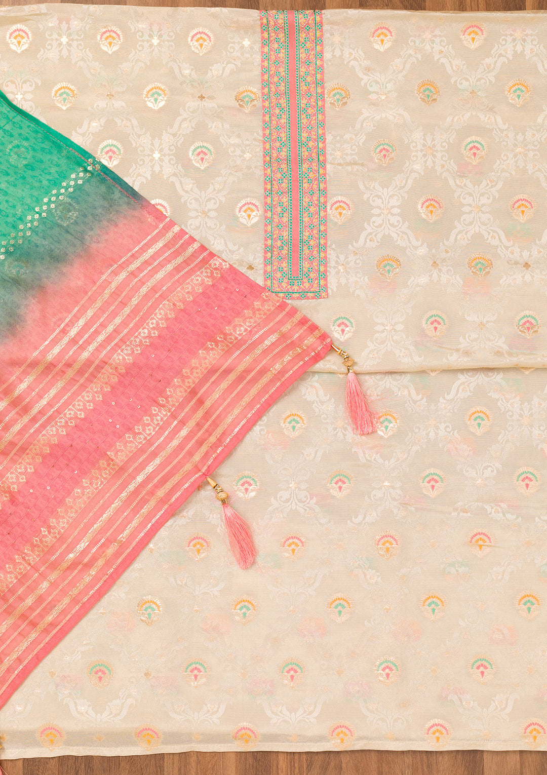 Peach Zariwork Banarasi Unstitched Salwar Suit