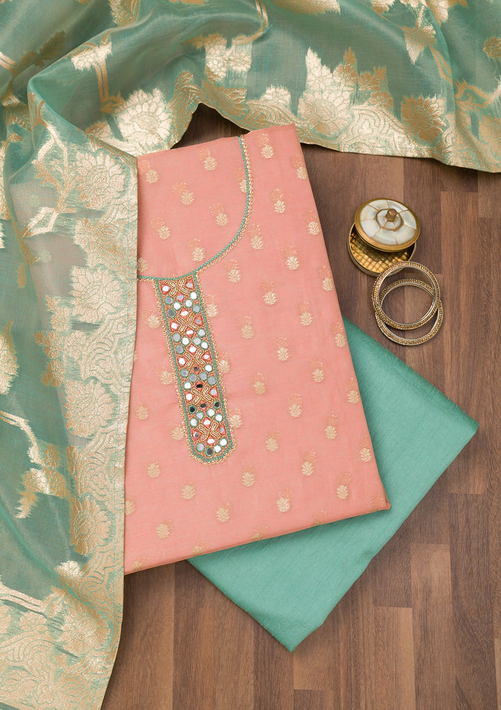 Peach Zariwork Banarasi Unstitched Salwar Suit