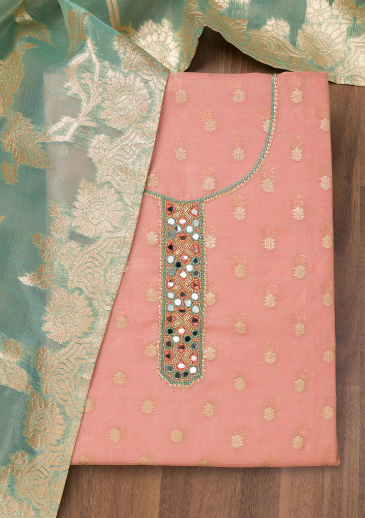 Peach Zariwork Banarasi Unstitched Salwar Suit